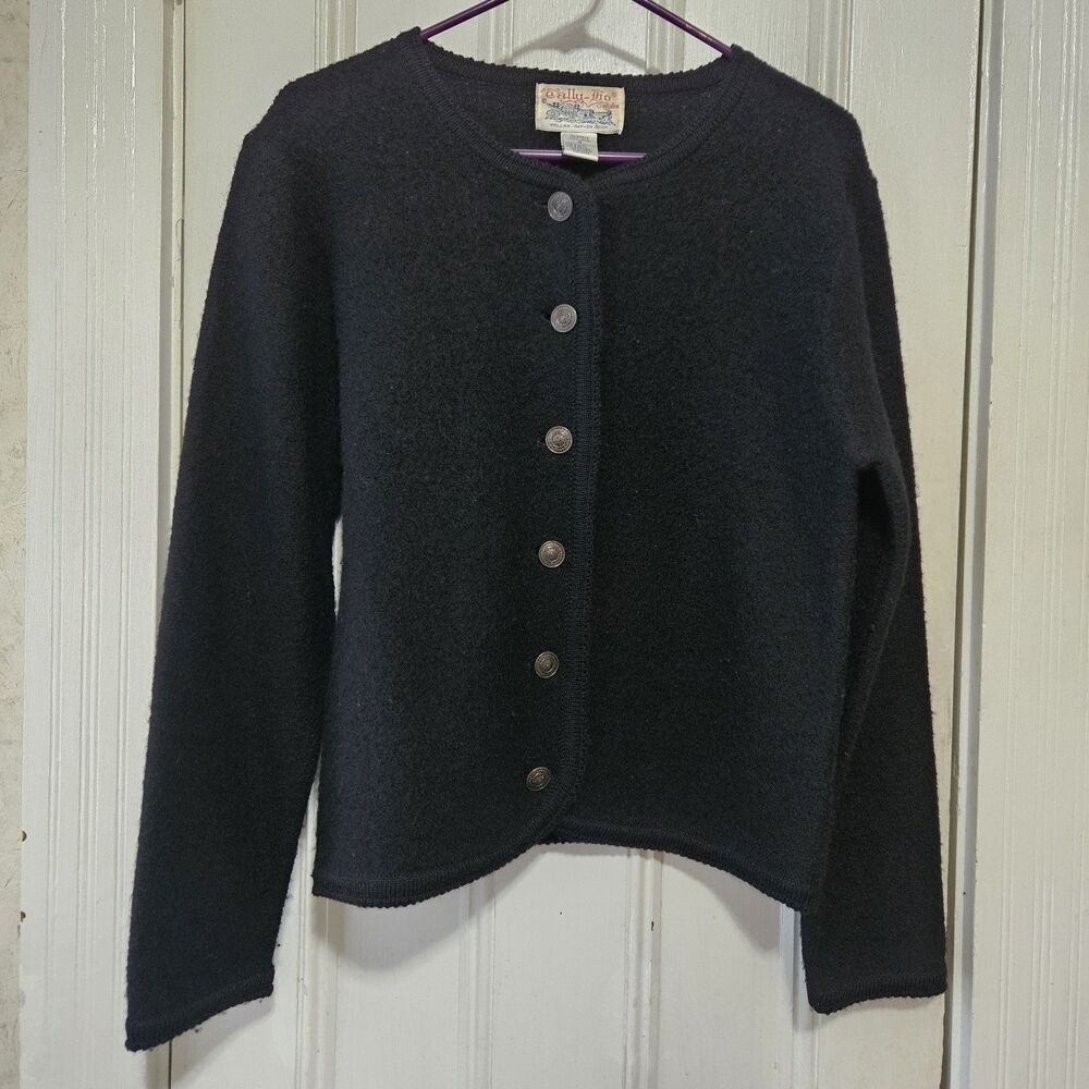 Vintage Tally-Ho 100% Wool Black Button Front Cardigan Sweater Small 90s